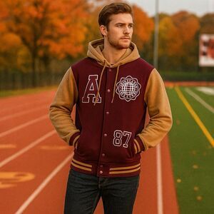 Aeropostale Jacket Mens Burgundy Varsity NYC Letterman Hoodie Ivy Bomber Size XL